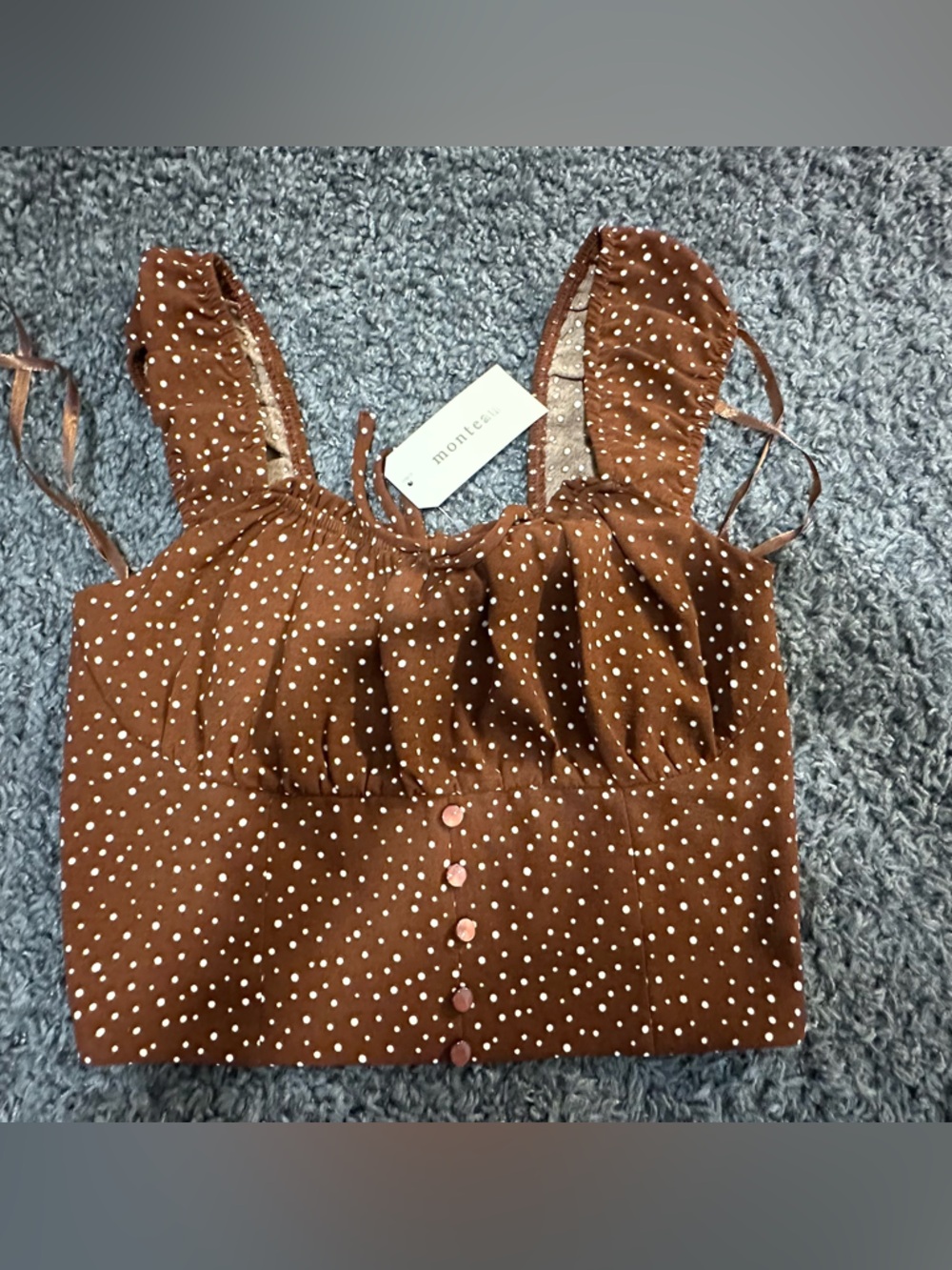 Monteau Brown Polka Dot Button-Front Crop Top with Ties